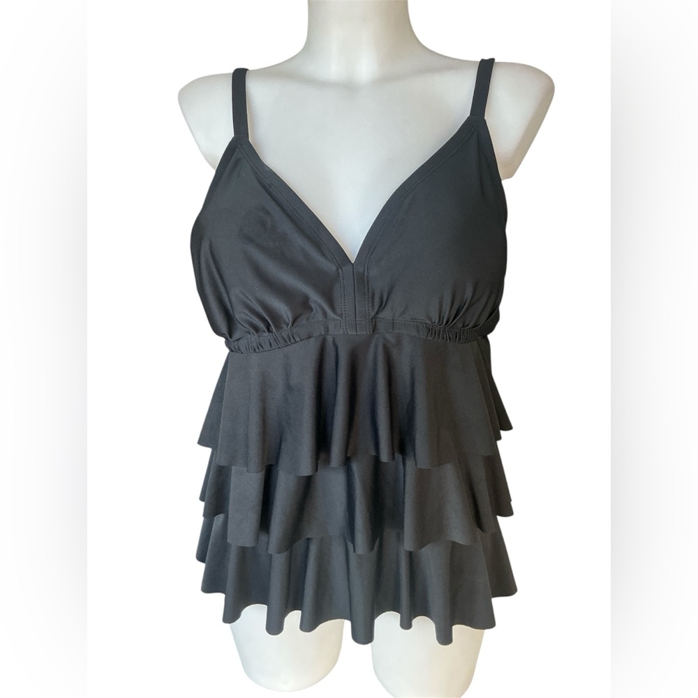 Vintage Black Tiered Ruffle V-Neck Tankini